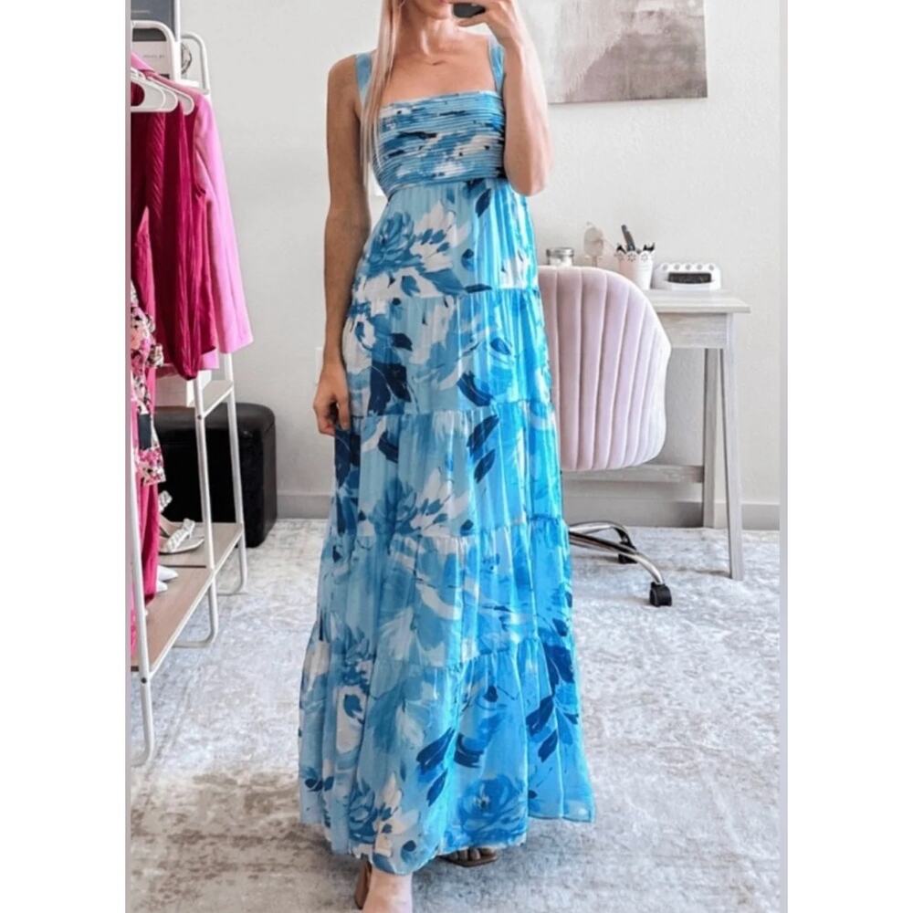 Abercrombie & Fitch Blue Print Ruched Tiered Babydoll Maxi Dress Size S NWT - Picture 2 of 9